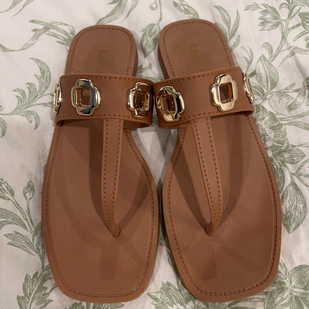 Larroude Tan Sandals with Gold Buckles